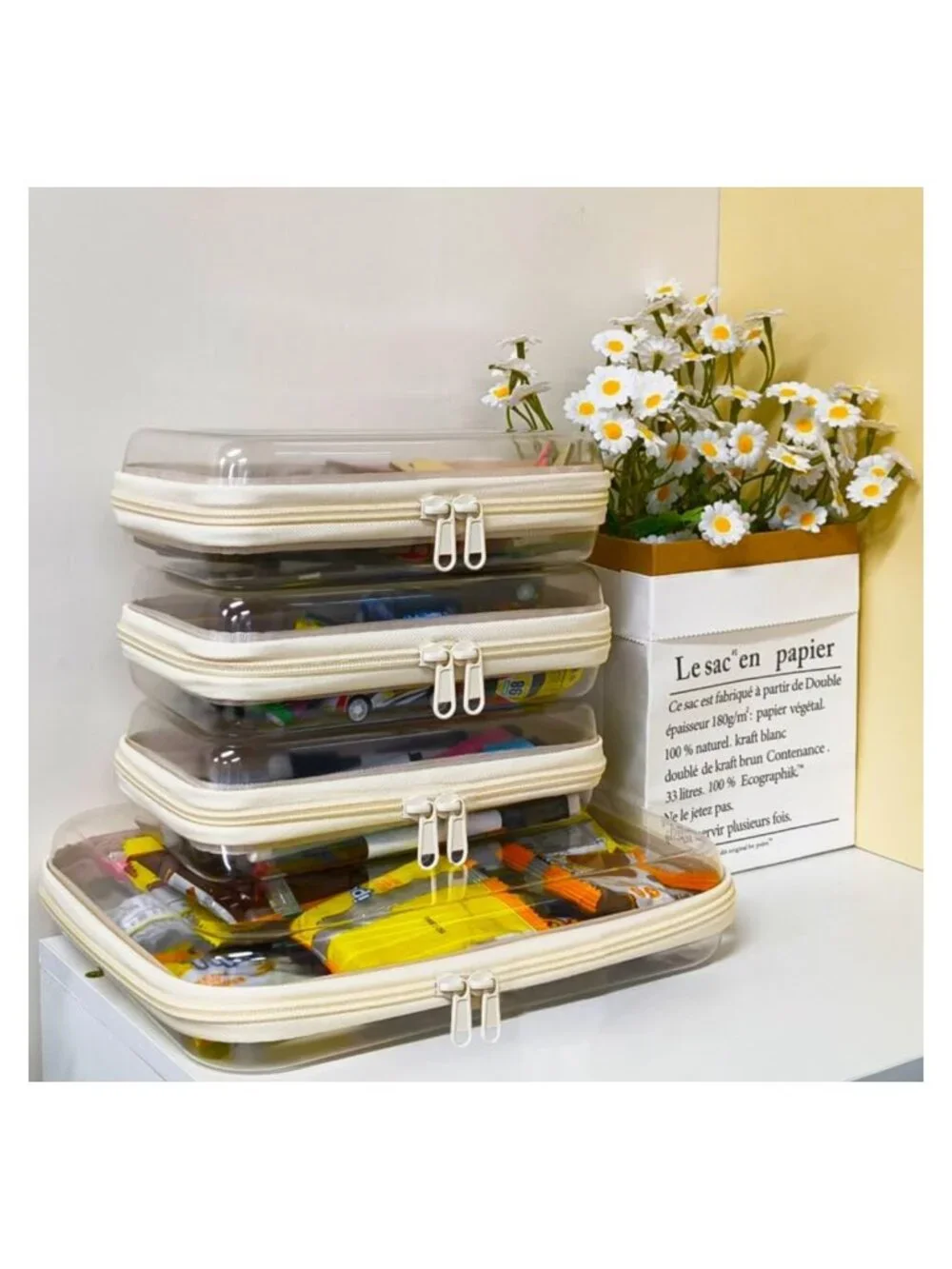 4 Pc Clear Hard Shell Zipper Pouches Travel Toiletry Cosmetic Organizer